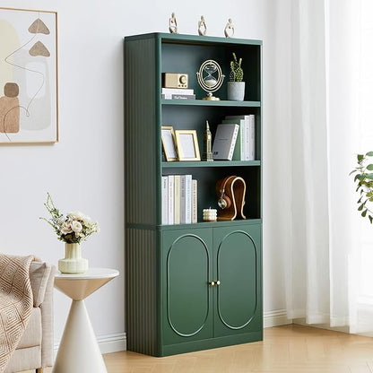 70.8" Tall Fluted Bookshelf with Storage Cabinet Set of 2, Modern 5-Tier Wood Bookcase with Open Display Storage Shelf, Gold Handles for Office Living Room (Green)