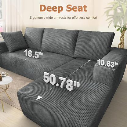 108” Cloud Sectional Couch, Modular Sectional Sofa with Deep Seat, Corduroy Boneless Couches with Chaise for Living Room Bedroom, No Assembly Required