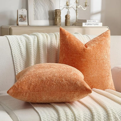 FUTEI Orange Flannel Throw Pillow Covers 24x24 Inch Set of 2,Soft Dimensional Textured European Cushion Cases,Modern Home Decor for Couch Living Room