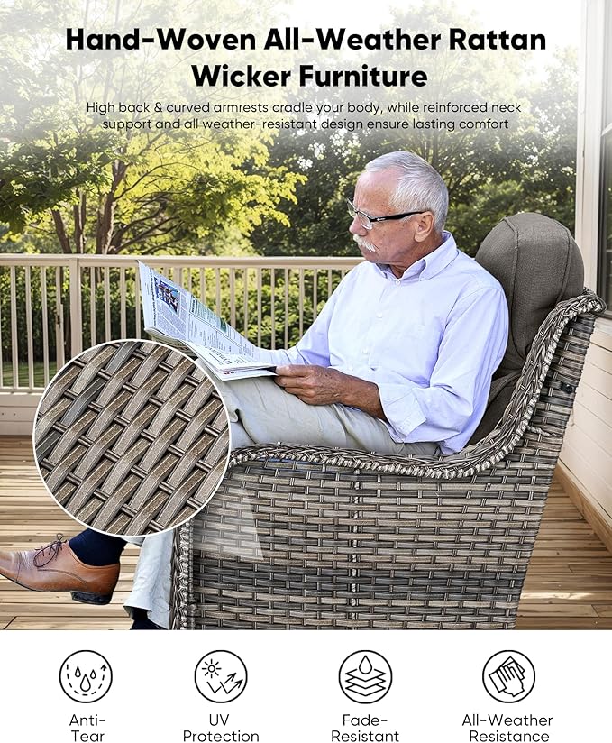 HUMMUH 6-Piece Outdoor Wicker Patio Furniture Set with Swivel Glider Chairs, Loveseat & Ottomans 5” Olefin Cushions Ergonomic Neck-Lumbar Backrest All-Weather Rattan for Garden, Deck, Porch