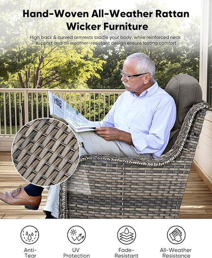 HUMMUH Wicker Patio Furniture Set with Patio Swivel Chairs Set of 4 and 50,000 BTU Fire Pit Table,6 Inch Thick Cushions High Back Outdoor Swivel Rocker Chairs Set for Porch, Balcony, Deck