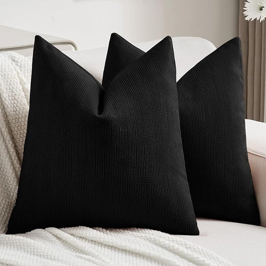 FUTEI Black Chenille Decorative Throw Pillow Covers 22x22 Inch Set of 2,Soft Cozy Striped Geometric Patterns Cushion Cases,Modern Home Decor for Couch Bed Living Room