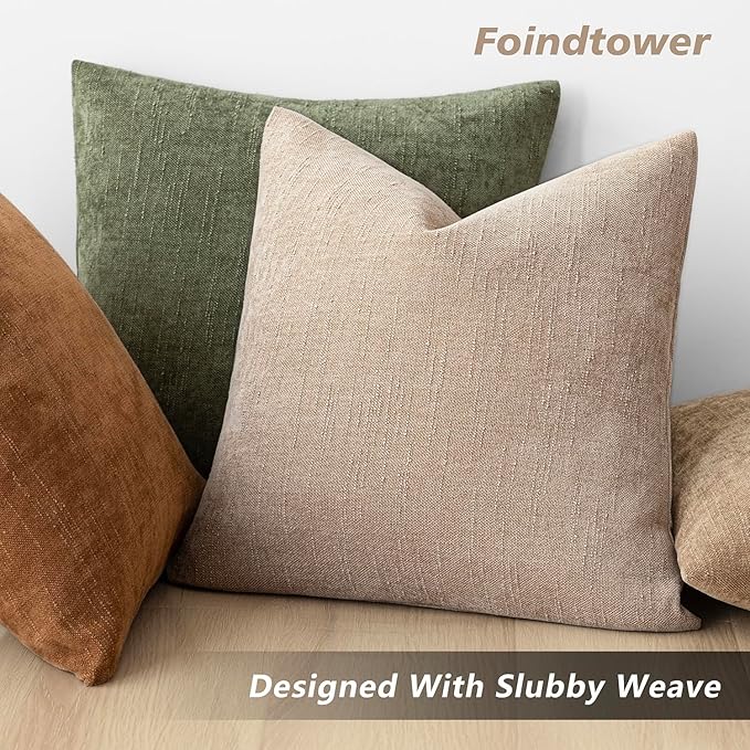 Foindtower Set of 2 Textured Chenille Throw Decorative Pillow Covers Square Accent Solid Cushion Cover Neutral Farmhouse Lumbar Pillow Case for Couch Sofa Bedroom Living Room 12x20 Inch,Cream Camel