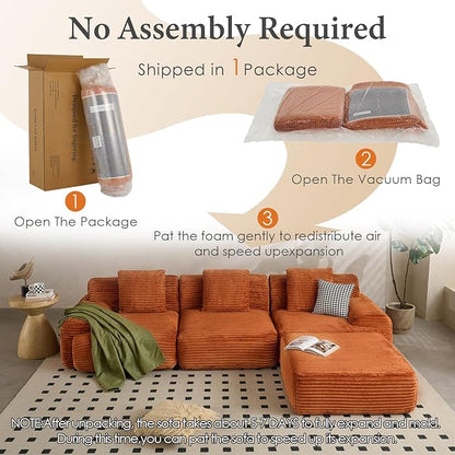 VK·LIVING 113" Cloud Sectional Couch, 61.6" Deep Seat Boneless Modular Sofa with Wide Armrests, Plush Corduroy Memory Foam Couch for Living Room, No Assembly, Orange