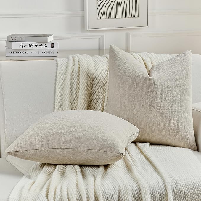 FUTEI Beige Chenille Decorative Throw Pillow Covers 20x20 Inch Set of 2,Soft Cozy Faux Linen Textured Cushion Case,Farmhouse Home Decor for Couch Living Room