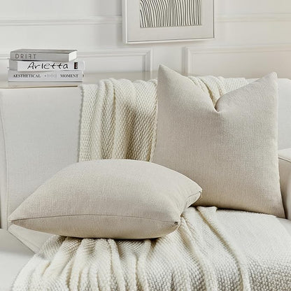 FUTEI Beige Chenille Decorative Throw Pillow Covers 26x26 Inch Set of 2,Soft Cozy Faux Linen Textured Euro Pillow Shams,Farmhouse Home Decor for Couch Living Room