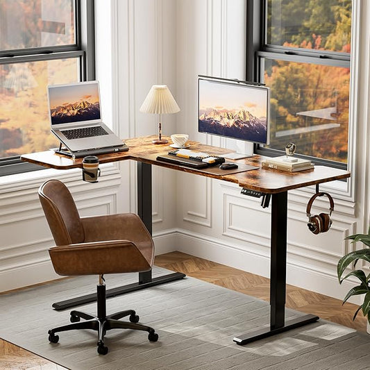 51" Reversiable L-Shaped Electric Standing Desk Adjustable Height Gaming Stand Up Corner Desk Sit Stand Home Office Computer Desk with Splice Board, Rustic Brown Top
