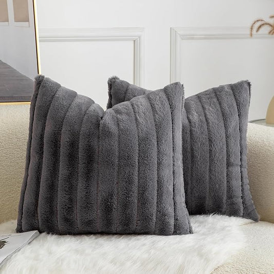 Pack of 2 Faux Fur Throw Pillow Covers 22x22 Inch Striped Decorative Soft Plush Couch Pillow Case Home Decor for Bed, Sofa, Living Room Darkgrey