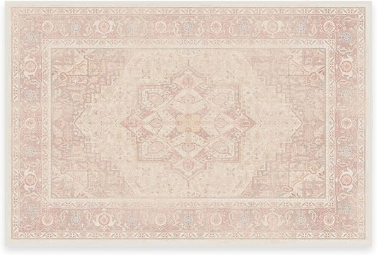 RUGGABLE Washable Area Rug – Kamran Soft Pink 2x3, Stain-Resistant, Non-Slip – Small Machine Washable Rugs for Living Room, Bedroom, Hallway, Entryway & Bathroom–with Cushioned Pad
