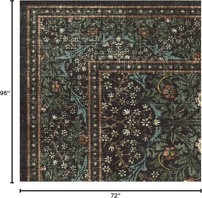 RUGGABLE x Morris & Co Washable Area Rug – Blackthorn Forest Green 6x9, Stain-Resistant, Non-Slip – Medium Machine Washable Rugs for Living Room, Bedroom, Hallway, Entryway & Office–with Standard Pad