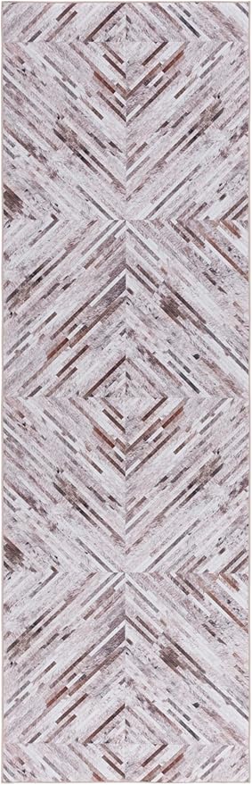 SAFAVIEH Washable Rug Faux Hide Collection - 2'6" x 8' Runner, Beige & Brown, Slip Resistant, Western Rustic Decor, Printed Pattern, Ideal for Living Room, Hallway, Kitchen, Foyer, Bedroom (FAH526A)