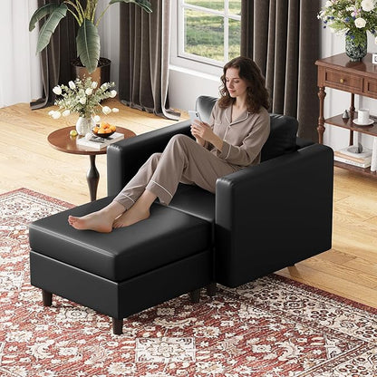 ABCASA Faux Leather Oversized Accent Chair with Storage Deep Seat Single Sofa Large Reading Armchair for Living Room Bedroom Office Black Set of 2