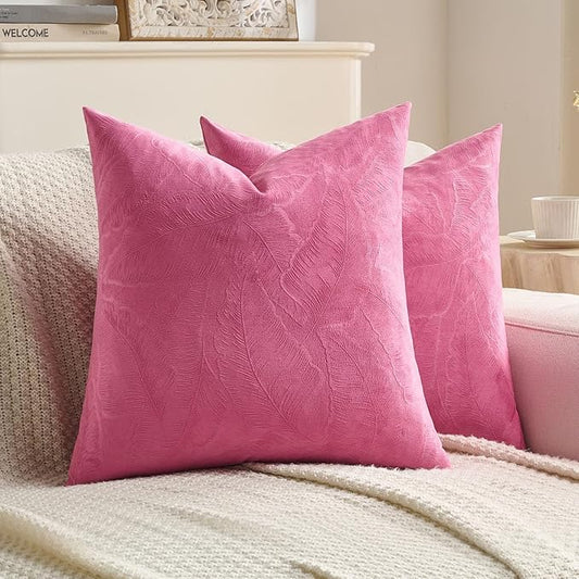 FUTEI Hot Pink Velvet Throw Pillow Covers 26x26 Inch Set of 2,Soft Embossed Leaf-Relief Textured Euro Pillow Shams,Natural Home Decor for Couch Living Room
