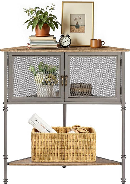 VECELO 3 Tier Corner Shelf,Corner Table with Mesh Door and Open-Shelf,Corner Cabinet Stand,Metal Frame Organizer Display Storage Shelves for Bedroom,Living Room,Kitchen,Bathroom