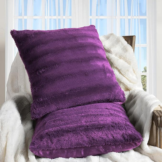 Cheer Collection Faux Fur Throw Pillows - Decorative Pillows for Couch, Bed Throw Pillows, Purple Accent Pillows for Bedroom or Living Room Aesthetic, Set of 2 Furry Throw Pillows, 26" x 26"