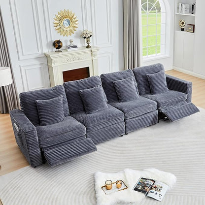 ORRD Power Reclining Sectional Sofa, Electric 4 Seat Recliner with 2 Electric Footrest and Adjustable Headrest, Modern Plush Corduroy Fluffy Modular Sectional with Deep Seat for Living Room-Blue Grey