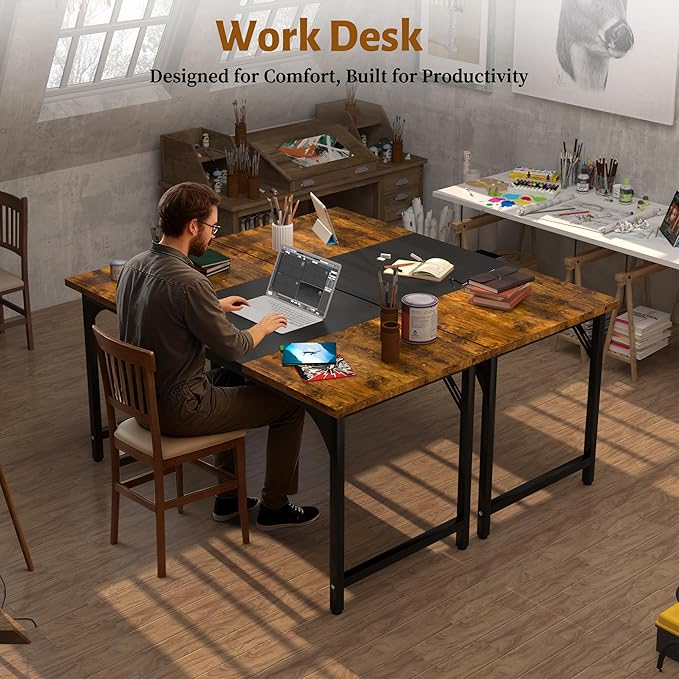 AZN Computer Desk, 47in Computer Desk, Gaming Office Desk w/Carbon Fiber Tabletop, Gaming Office Desk w/Sturdy Metal Frame, Home Office Desks w/Large Legroom for Game Work Study Writing,RusticBrown