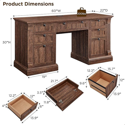 OKD 60" Executive Desk with Drawers, Farmhouse Home Office Desk with Charging Station, Keyboard Tray, File Cabinet Storage, Wood Computer Desk for Work and Study, Reclaimed Barnwood