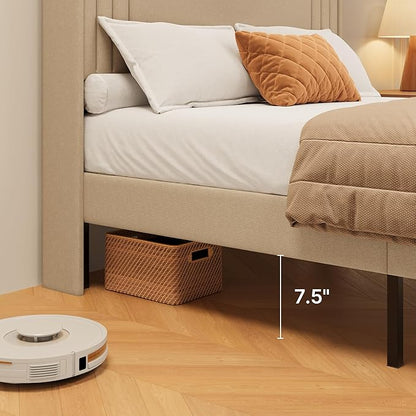 Gizoon Full Bed Frame with Charging Station and LED Lights,Upholstered Wingback Platform Bed with Wooden Slats,Noise-Free,No Box Spring Needed