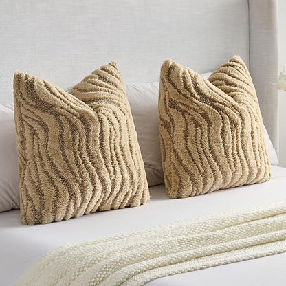 FUTEI Khaki Decorative Throw Pillow Covers 20x20 Inch Set of 2,Soft Faux Fur Geometric Shapes Texture Cushion Case,Boho Home Decor for Couch Bed Living Room