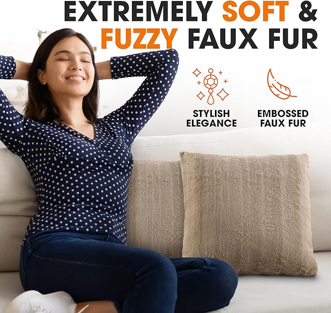 Cheer Collection Faux Fur Throw Pillows - Decorative Pillows for Couch, Bed Throw Pillows, Sand Accent Pillows for Bedroom or Living Room Aesthetic, Set of 2 Furry Throw Pillows, 22" x 22"