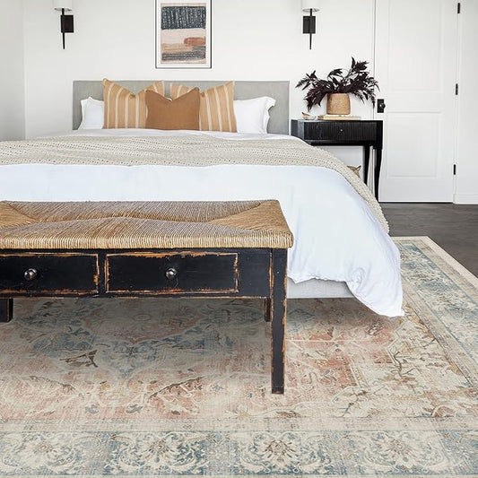 RUGGABLE Washable Vintage Area Rug – Sarrah Coral 8x10, Stain-Resistant, Non-Slip – Large Machine Washable Rugs for Living Room, Bedroom, Hallway, Entryway & Office–with Standard Pad