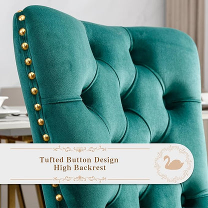Velvet Upholstered Dining Chairs Set of 6, Modern Style Kitchen Side Chairs with Nailhead Trim and Gold Plated Leg, Metal Pulling Ring for Dining Room Living Room(Green,Set of 6)