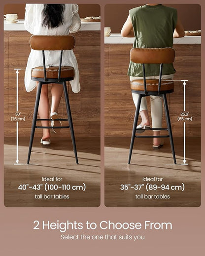 VASAGLE EKHO Collection - Bar Stools Set of 2, Swivel Counter Height Bar Stools with Back, Synthetic Leather with Stitching, Mid-Century Modern, 25.6-Inch Tall Barstools for Kitchen Bar, Caramel Brown