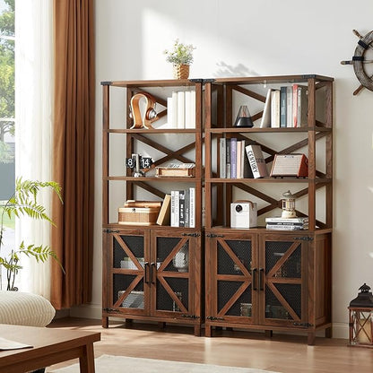 5 Tier Bookshelf 70" Tall Bookcase with Barn Doors,Large Farmhouse Display Book Shelf with Adjustable Shelves and Storage Cabinet，Library Wood Bookshelves for Living Room,Kitchen,Brown