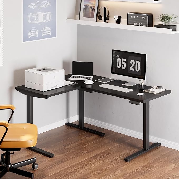 SANODESK L Shaped Standing Desk Adjustable Height, Electric Corner Standing Desk, 63 x 48 inch Sit Stand Computer Table with Splice Board, Black