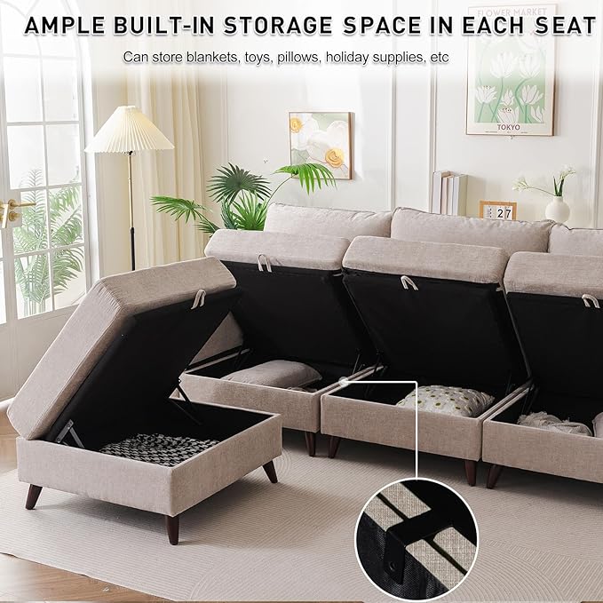 135'' Modular Sectional Sofa with Storage Seat,Oversized U Shaped Couch with Ottoman,7 Seater Couches for Living Room,Bedroom,Velet,Khaki