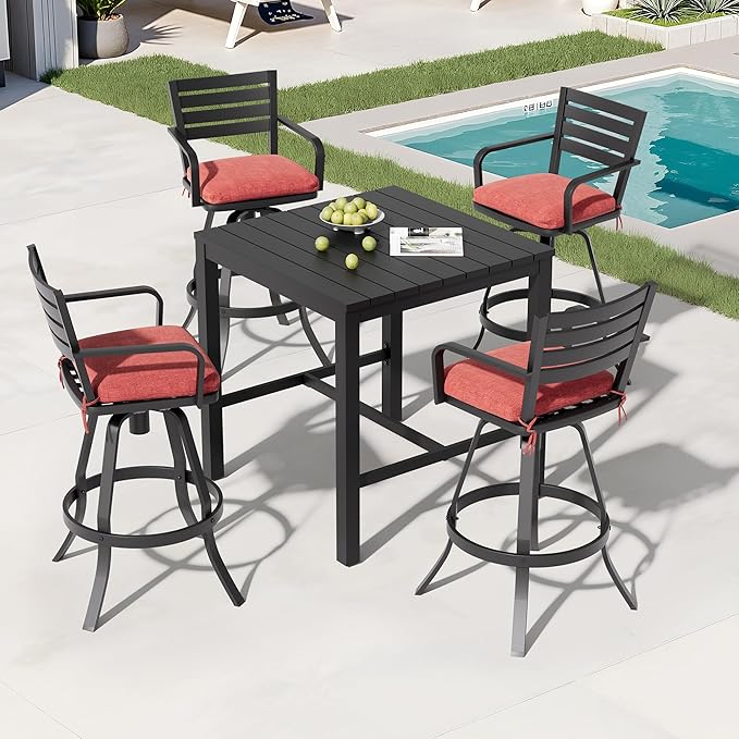 Pellebant 29.5" Outdoor Bar Stools Set of 8, Aluminum Swivel Patio Bar Height Stools with Footrest & Backrest,Rust-Proof Patio Stool Chairs for Deck Lawn Garden(Red)