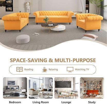 Velvet Loveseat Sofa, Mid Century Modern Upholstered Couch, 62" Oversized Comfy 2 Seater Love Seat Couch with Cushions, Tufted Chesterfield Sofa for Living Room, Bedroom, Apartment (Yellow)
