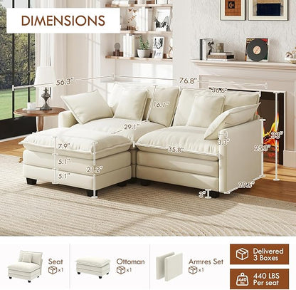 WorthFurni 77 Inch L Shape Cloud Sofa Modular Sectional Couch with Ottoman, Comfy Chenille Deep Seat Loveseat with Pillow for Living Room Bedroom Apartment （Beige）