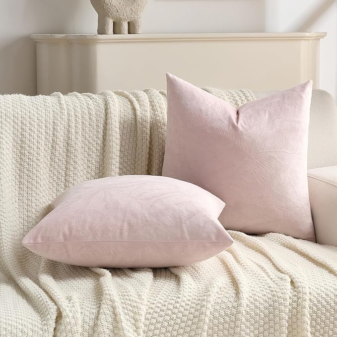 FUTEI Pink Velvet Throw Pillow Covers 16x16 Inch Set of 2,Soft Embossed Leaf-Relief Textured Cushion Cases,Natural Home Decor for Couch Living Room