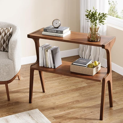 Tribesigns Set of 2 Solid Wood End Table, 2-Tier Farmhouse Couch Side Table, Rustic Tall Sofa Side Table with Storage Shelf for Living Room, Skinny Bedside Table, Nightstand for Bedroom, Rustic Brown