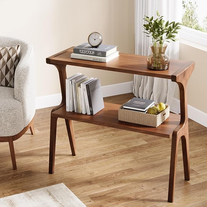 Tribesigns Wood End Table, Farmhouse Narrow Side Table with Storage Shelves, 2-Tier Slim Couch Side Table for Living Room, Long Bedside Table for Bedroom, Small Spaces, Rustic Brown