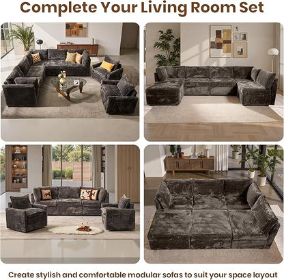 32.7'' Middle Seat for Modular Sectional Sofa, Deep Seat Upholstered Armless Chair Sleeper Sofas, L/U/V Shaped Plush Corduroy Cloud Couch for Living Room Apartment, Grey
