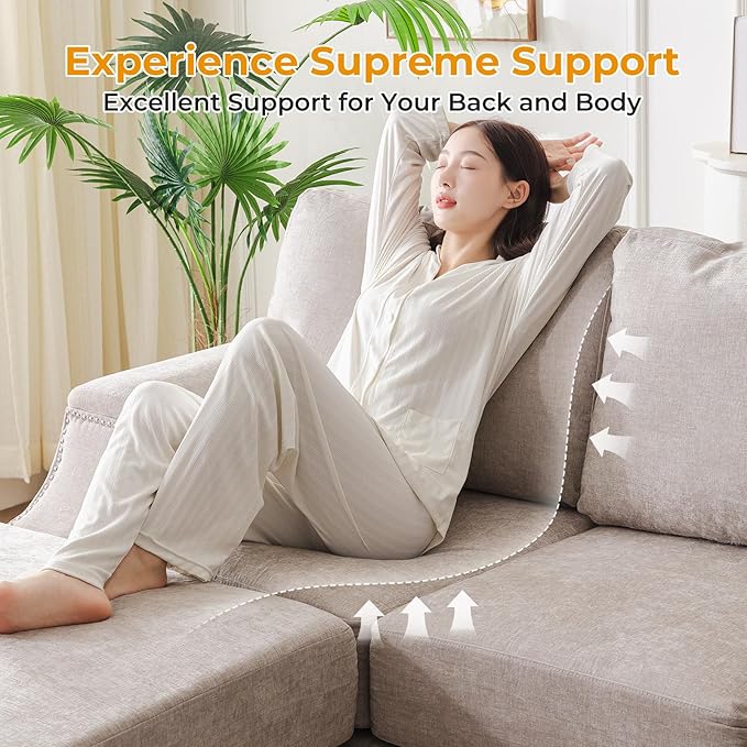 85'' L Shaped Couch with Armrest Organizer,Comfy 3 Seats Sofa with Storage Ottoman,Chenille Sectional Couches for Living Room,Bedroom,Apartment,Sofa Set with Oversized Chair,Khaki