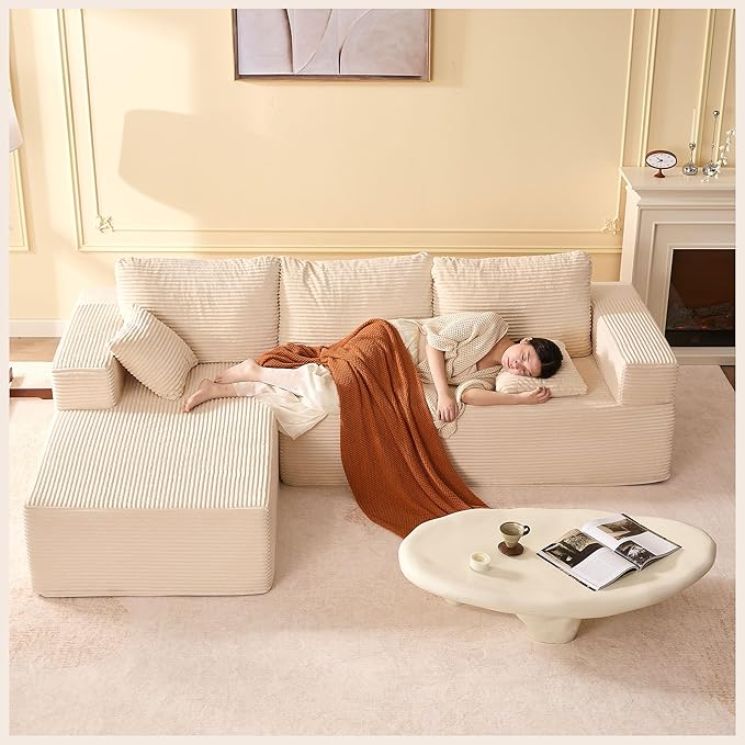 107" Boneless Couch with Deep Seat, Modular Sectional Sofa, Cloud Sectional Couch for Living Room, No Assembly Required, Corduroy, L-Shape Left，White