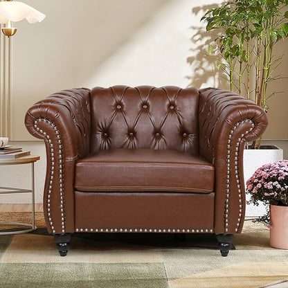 Accent Sofa Chair for Living Room, Modern PU Leather Upholstered Armchair, Oversized Comfy Single Sofa Chair with Cushion, Mid Century Tufted Chesterfield Sofa Couch for Bedroom, Apartment (Brown)