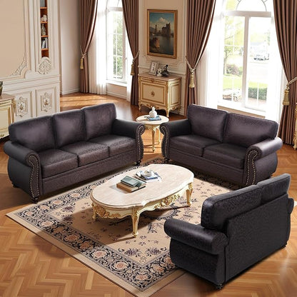 Living Room Furniture Sets,Sofa Sets and Couch Sets for Living Room,Mid-Century Vintage Sofa Couches with Rivet Design (Brown, 2 Loveseat+3 Seater)