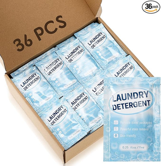 Leelosp 36 Pcs Individual Travel Laundry Detergent Bulk Travel Size Laundry Detergent Packets Portable Single Use Liquid Soap for Traveler Hostel Essentials Cleaning