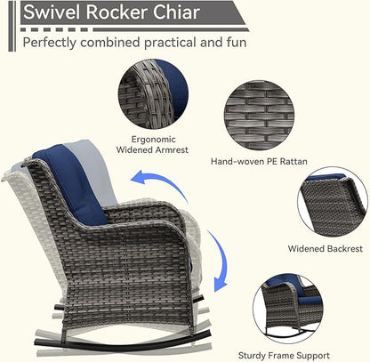 1 PC Outdoor Rocking Chair, Wicker Patio Rocker Chair for Yard, Porch, Mixed Brown Grey Rattan, Blue Cushions