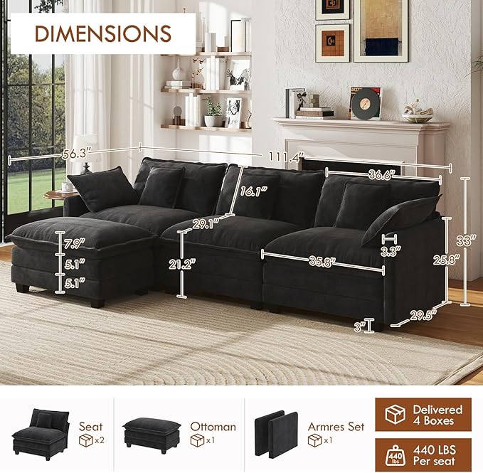 WorthFurni 111.4” Cloud Couch Modular Sectional Sofa with Ottoman, Comfy Modern 3-Seater Couches with Pillows & Upholstered Deep Seat Cushion for Apartment Living Room Bedroom (Black)