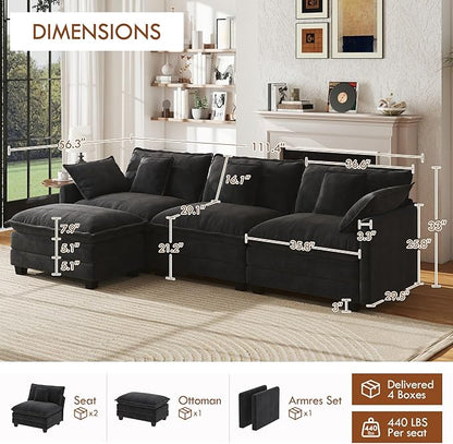 WorthFurni 111.4” Cloud Couch Modular Sectional Sofa with Ottoman, Comfy Modern 3-Seater Couches with Pillows & Upholstered Deep Seat Cushion for Apartment Living Room Bedroom (Black)