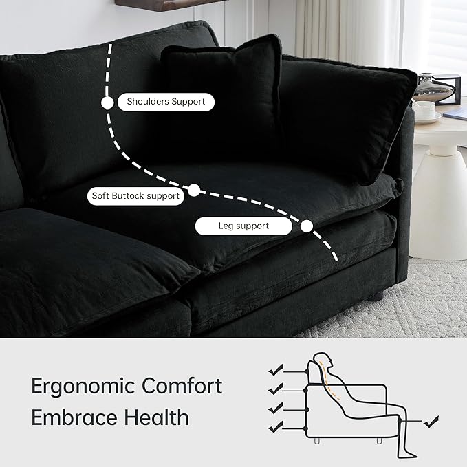 Modular Sectional Sofa, 146.5 Inch L-Shaped Cloud Sofa with Deep Seat Chenille Sofa with Cushions, Four Seater Sectional Sofa for Living Room Apartment,Black