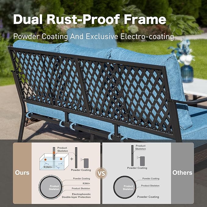 6 Piece Metal Outdoor Patio Furniture Sets, Patio Conversation Sets with 3-Seater Sofa, 4 Single Sofa (5.75" Thick Cushion) & Coffee Table, Black Frame Backyard Furniture, Denim Blue