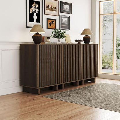 Sideboard Buffet Cabinet with Storage, Walnut Freestanding Floor Cabinet Farmhouse Sideboard with 2 Fluted Doors Wooden Hallway Cabinet Media Console Table Credenza for Living Room Dining Room, 3PCS