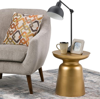 SIMPLIHOME Toby Metal Table - 17 inch Wide Solid Iron Drum Accent Table in Gold, Industrial Side or End Table for Living Room, Bedroom or Entryway with Sculptural Design, Assembled